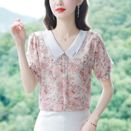 BY17366# 夏季碎花娃娃领减龄雪纺衫女洋气遮肚显瘦短袖上衣