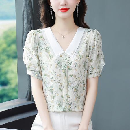 BY17366# 夏季碎花娃娃领减龄雪纺衫女洋气遮肚显瘦短袖上衣