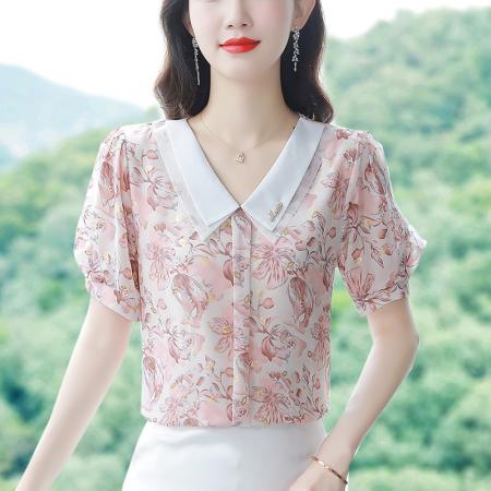 BY17366# 夏季碎花娃娃领减龄雪纺衫女洋气遮肚显瘦短袖上衣