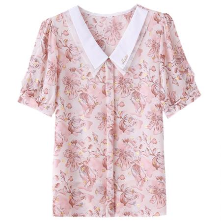 BY17366# 夏季碎花娃娃领减龄雪纺衫女洋气遮肚显瘦短袖上衣