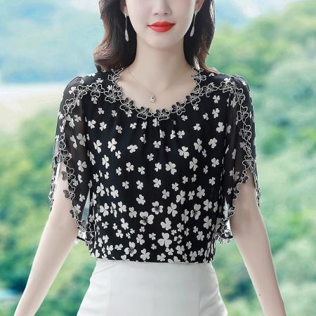 BY17367# 飞飞袖刺绣碎花衬衫女夏新款洋气时尚雪纺短袖上衣