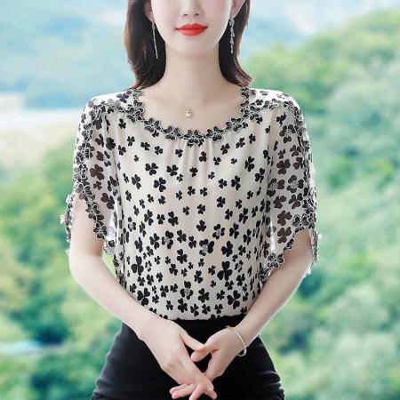 BY17367# 飞飞袖刺绣碎花衬衫女夏新款洋气时尚雪纺短袖上衣
