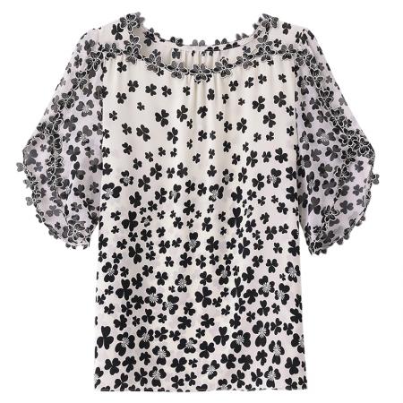 BY17367# 飞飞袖刺绣碎花衬衫女夏新款洋气时尚雪纺短袖上衣