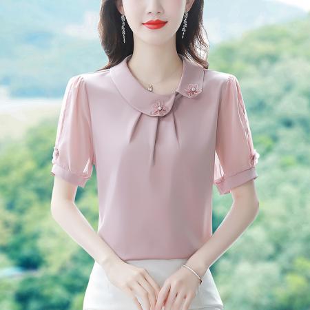 BY17368# 洋气高端杭州真丝衬衫夏装女桑蚕丝上衣薄纯色短袖