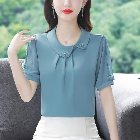 BY17368# 洋气高端杭州真丝衬衫夏装女桑蚕丝上衣薄纯色短袖