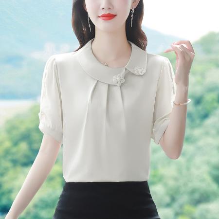 BY17368# 洋气高端杭州真丝衬衫夏装女桑蚕丝上衣薄纯色短袖