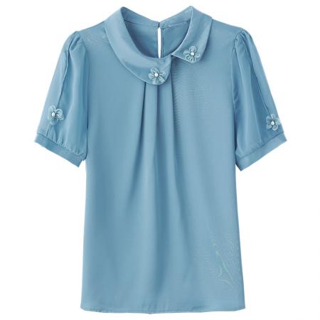 BY17368# 洋气高端杭州真丝衬衫夏装女桑蚕丝上衣薄纯色短袖