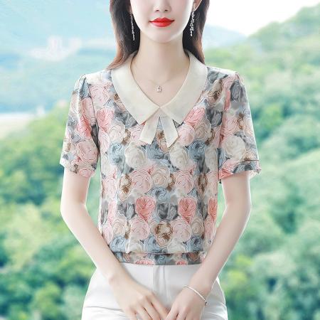 BY17369# 夏季新款娃娃领拼接上衣洋气减龄短袖真丝碎花上衣