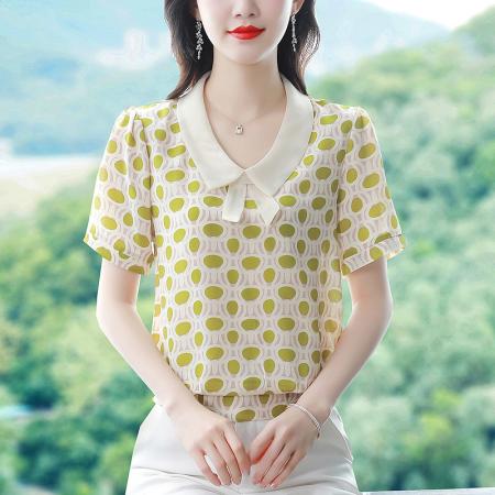 BY17369# 夏季新款娃娃领拼接上衣洋气减龄短袖真丝碎花上衣