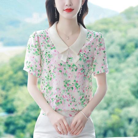 BY17369# 夏季新款娃娃领拼接上衣洋气减龄短袖真丝碎花上衣