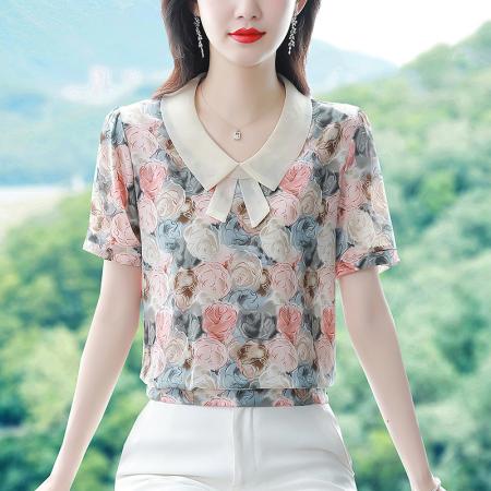 BY17369# 夏季新款娃娃领拼接上衣洋气减龄短袖真丝碎花上衣