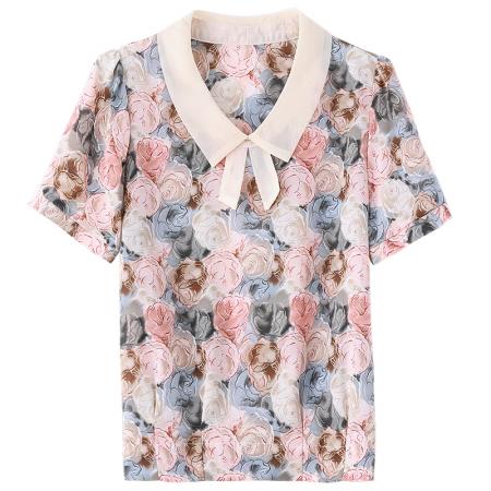 BY17369# 夏季新款娃娃领拼接上衣洋气减龄短袖真丝碎花上衣