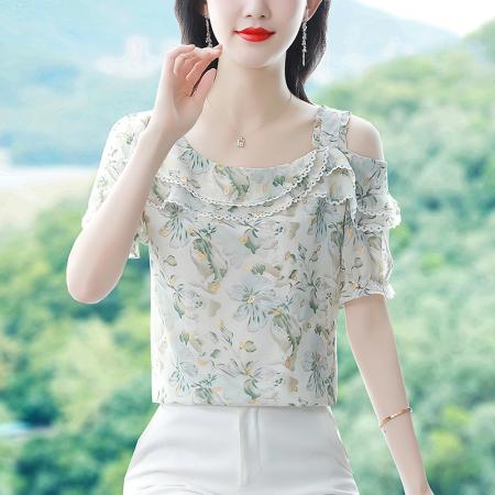 BY17370# 雪纺衫女短袖上衣夏季新款时尚漂亮洋气小衫遮肚子