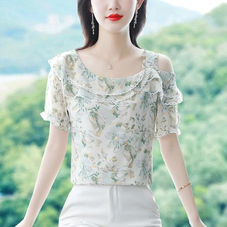 BY17370# 雪纺衫女短袖上衣夏季新款时尚漂亮洋气小衫遮肚子