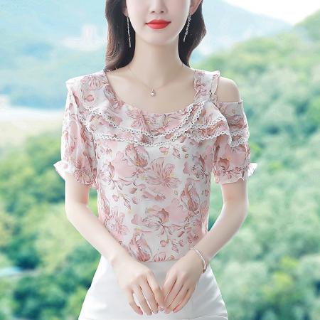 BY17370# 雪纺衫女短袖上衣夏季新款时尚漂亮洋气小衫遮肚子