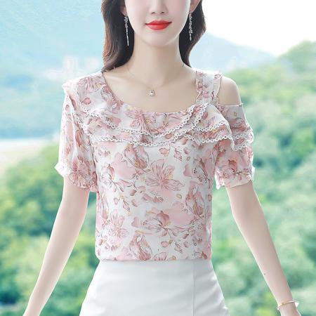 BY17370# 雪纺衫女短袖上衣夏季新款时尚漂亮洋气小衫遮肚子