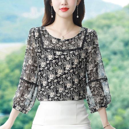 BY17371# 早秋新款印花圆领宽松真丝雪纺衫减龄七分袖上衣