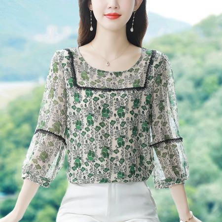 BY17371# 早秋新款印花圆领宽松真丝雪纺衫减龄七分袖上衣