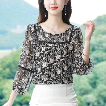 BY17371# 早秋新款印花圆领宽松真丝雪纺衫减龄七分袖上衣