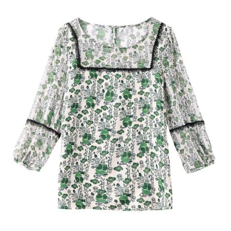 BY17371# 早秋新款印花圆领宽松真丝雪纺衫减龄七分袖上衣