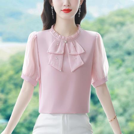 BY17372# 夏季新款纯色气质减龄雪纺衫女遮肚子短袖上衣