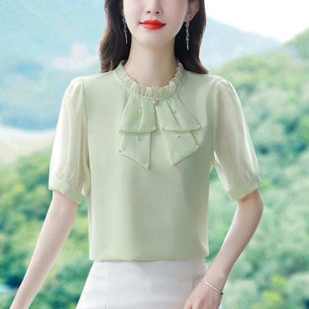 BY17372# 夏季新款纯色气质减龄雪纺衫女遮肚子短袖上衣