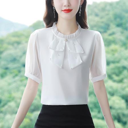 BY17372# 夏季新款纯色气质减龄雪纺衫女遮肚子短袖上衣