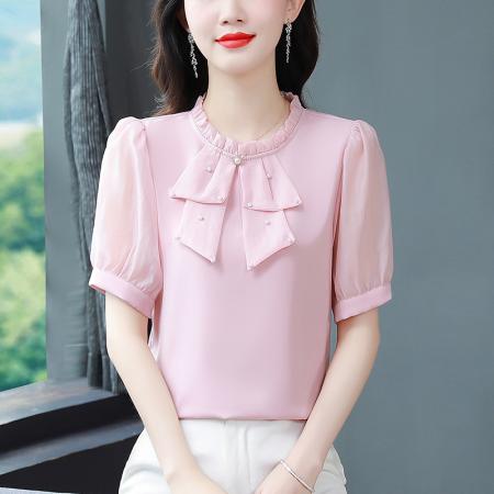 BY17372# 夏季新款纯色气质减龄雪纺衫女遮肚子短袖上衣