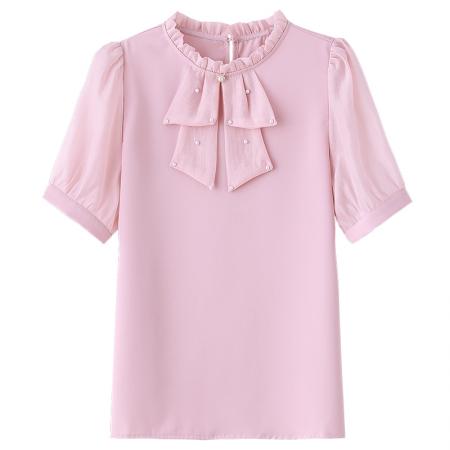 BY17372# 夏季新款纯色气质减龄雪纺衫女遮肚子短袖上衣