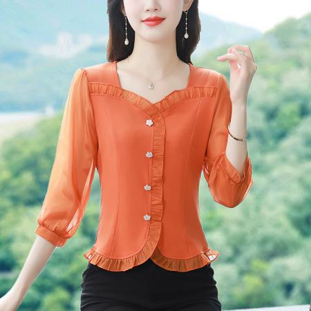 BY17373# 早秋新款纯色花边拼接七分袖气质减龄洋气修身上衣