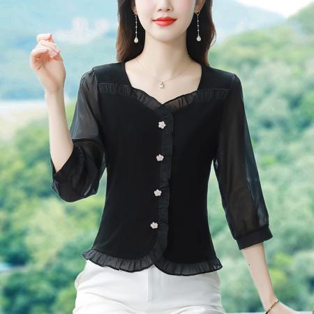 BY17373# 早秋新款纯色花边拼接七分袖气质减龄洋气修身上衣