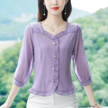 BY17373# 早秋新款纯色花边拼接七分袖气质减龄洋气修身上衣