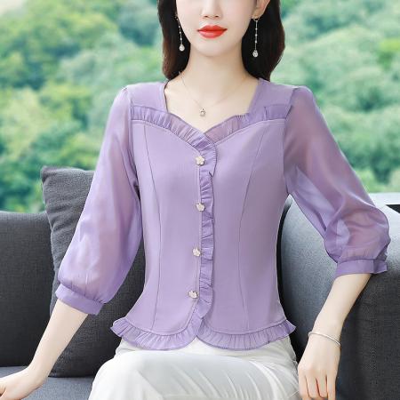 BY17373# 早秋新款纯色花边拼接七分袖气质减龄洋气修身上衣