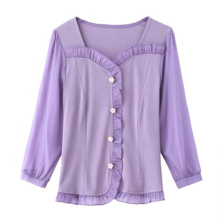 BY17373# 早秋新款纯色花边拼接七分袖气质减龄洋气修身上衣