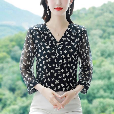 BY17374# 雪纺衫早秋宽松遮肚子七分袖上衣气质装小衫