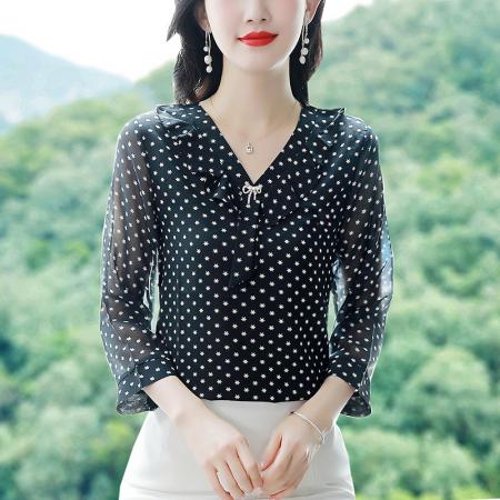 BY17374# 雪纺衫早秋宽松遮肚子七分袖上衣气质装小衫