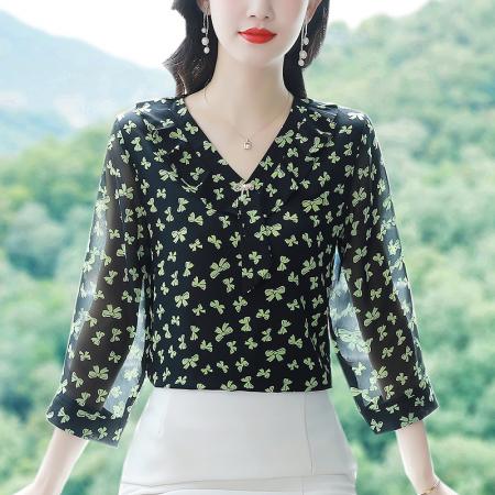 BY17374# 雪纺衫早秋宽松遮肚子七分袖上衣气质装小衫