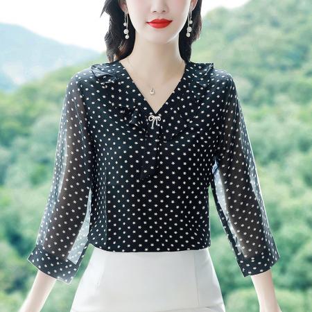 BY17374# 雪纺衫早秋宽松遮肚子七分袖上衣气质装小衫