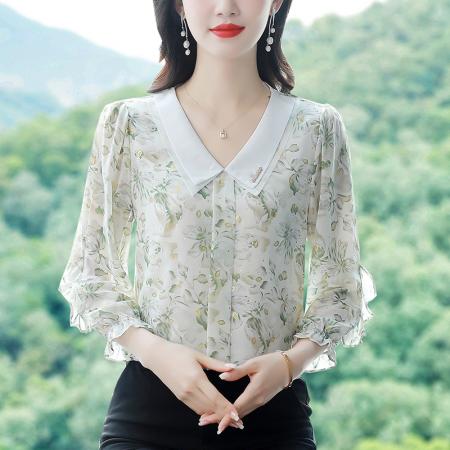 BY17375# 时尚印花衬衫九分袖雪纺衫女春秋新款韩版遮肉减龄