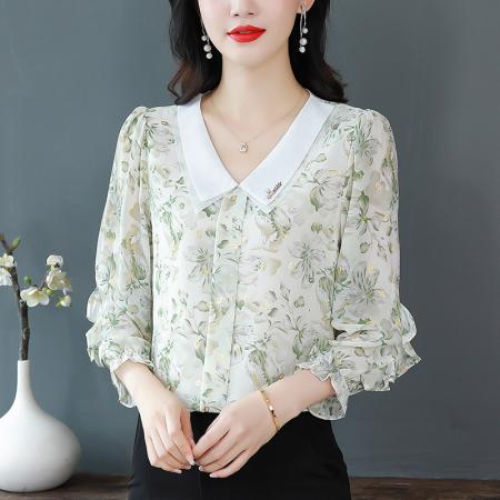BY17375# 时尚印花衬衫九分袖雪纺衫女春秋新款韩版遮肉减龄