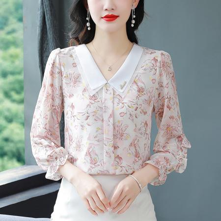 BY17375# 时尚印花衬衫九分袖雪纺衫女春秋新款韩版遮肉减龄