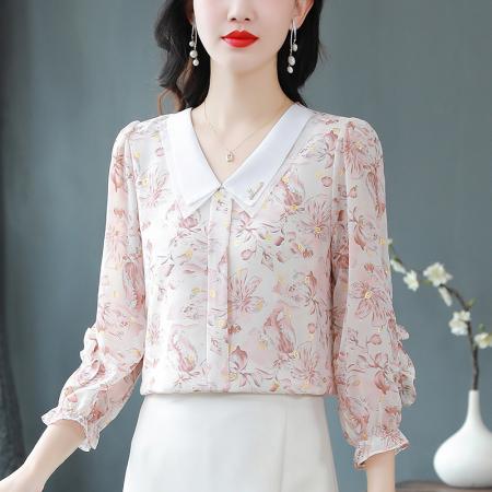 BY17375# 时尚印花衬衫九分袖雪纺衫女春秋新款韩版遮肉减龄