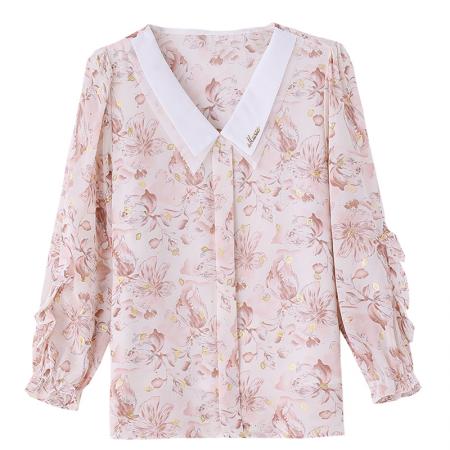 BY17375# 时尚印花衬衫九分袖雪纺衫女春秋新款韩版遮肉减龄