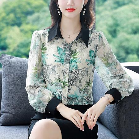 BY17376# 春秋新款时尚减龄长袖印花气质大码衬衣洋气女小衫