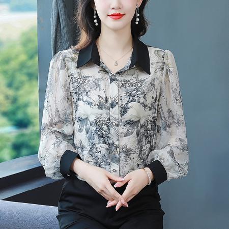 BY17376# 春秋新款时尚减龄长袖印花气质大码衬衣洋气女小衫