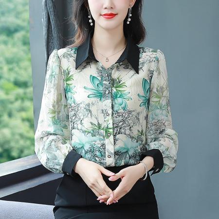 BY17376# 春秋新款时尚减龄长袖印花气质大码衬衣洋气女小衫
