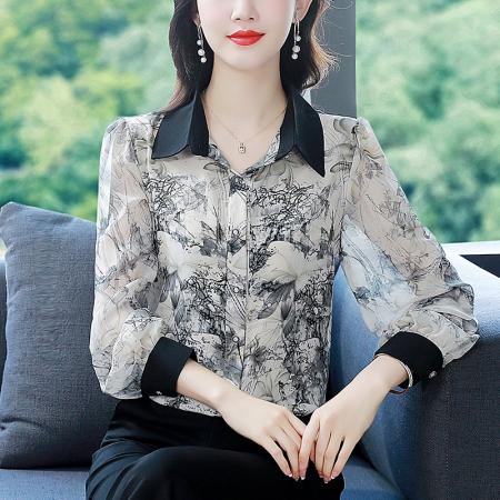 BY17376# 春秋新款时尚减龄长袖印花气质大码衬衣洋气女小衫