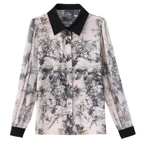 BY17376# 春秋新款时尚减龄长袖印花气质大码衬衣洋气女小衫