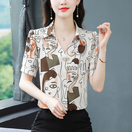 BY17377# 夏新款短袖真丝时尚气质印花POLO洋气上衣女小衫