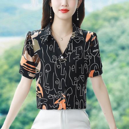 BY17377# 夏新款短袖真丝时尚气质印花POLO洋气上衣女小衫